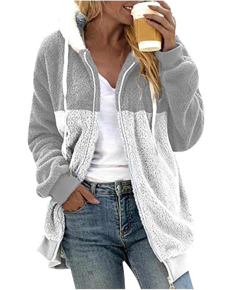 Coats for Women, Women's Fashion Casual Loose Plush Striped Zipper Long Sleeve Stitching Hooded Jacket Coat 3-light Gray $15....