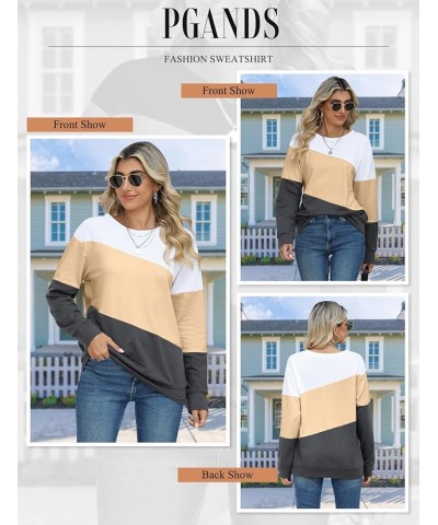 Womens Crew Neck Color Block/Solid Sweatshirts Tops Long Sleeve Casual Pullover Cute Lightweight Loose Tops E- White Beige Ch...