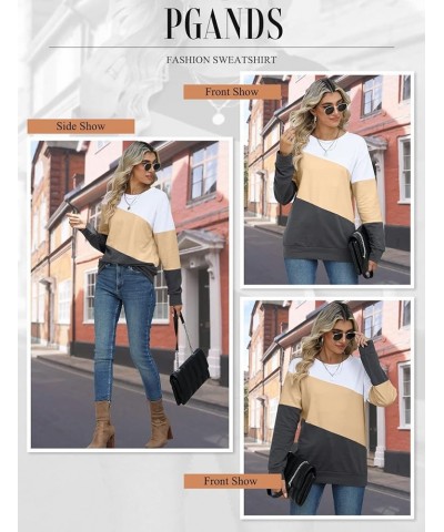 Womens Crew Neck Color Block/Solid Sweatshirts Tops Long Sleeve Casual Pullover Cute Lightweight Loose Tops E- White Beige Ch...