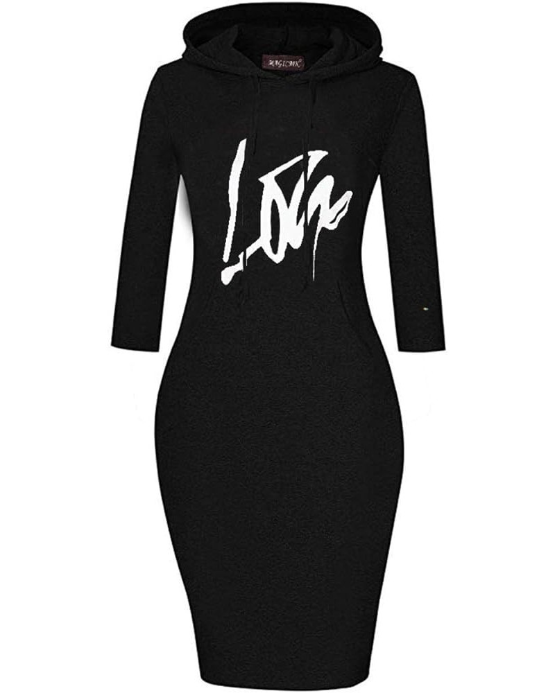 Women Long Sleeve Print Lips Slim Fitted Knee Length Sweatshirt With Pocket Casual Pullover Hoodie Dress Hblack+love $11.52 H...