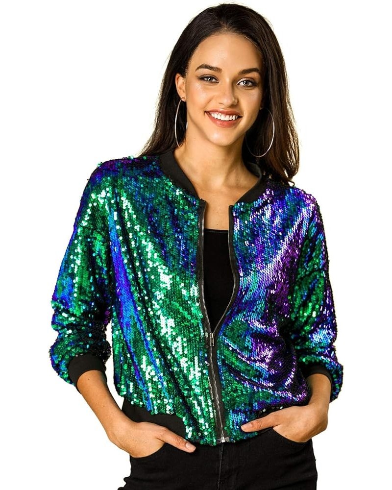 Women's Sequin Jacket Valentine's Day Long Sleeve Zipper Fahion 2023 Shiny Glitter Sparkly Bomber Jackets Green $24.74 Jackets