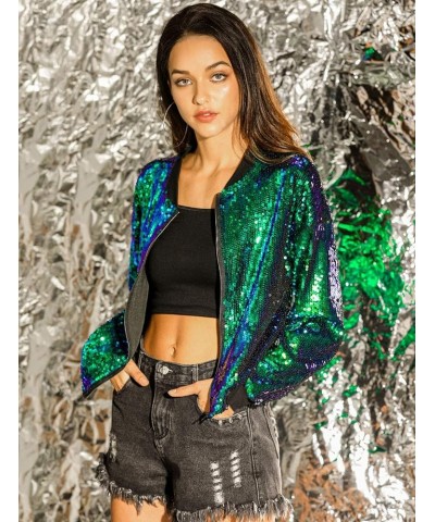 Women's Sequin Jacket Valentine's Day Long Sleeve Zipper Fahion 2023 Shiny Glitter Sparkly Bomber Jackets Green $24.74 Jackets