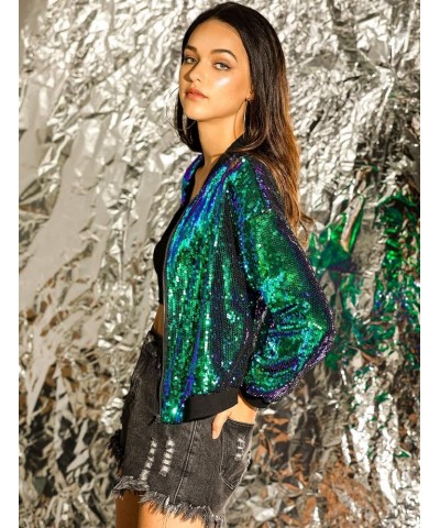 Women's Sequin Jacket Valentine's Day Long Sleeve Zipper Fahion 2023 Shiny Glitter Sparkly Bomber Jackets Green $24.74 Jackets