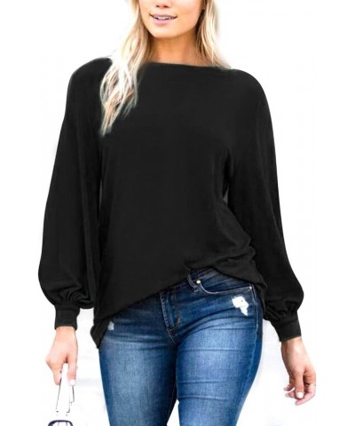 Womens Casual Bishop Sleeve Blouse Boat Neck T-Shirts Tunic Tops Black1 $18.55 Tops