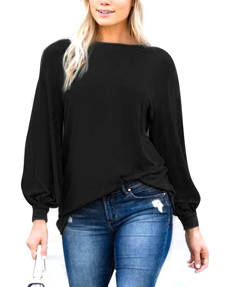 Womens Casual Bishop Sleeve Blouse Boat Neck T-Shirts Tunic Tops Black1 $18.55 Tops