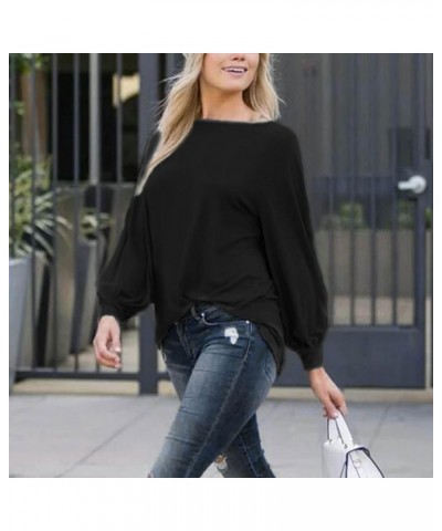 Womens Casual Bishop Sleeve Blouse Boat Neck T-Shirts Tunic Tops Black1 $18.55 Tops