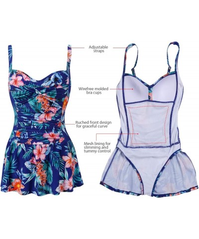 Womens Tummy Control One Piece Swimsuit with Skirt Retro Swimdress Floral $12.74 Swimsuits