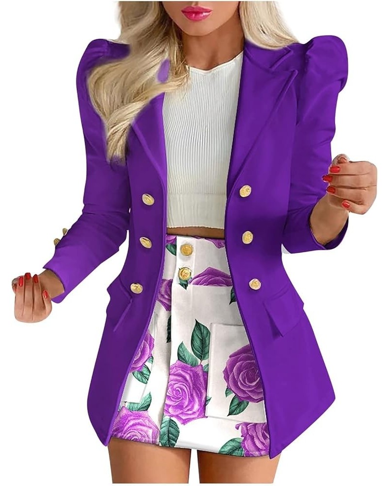 Women's Two Piece Suit Sets formal Casual Jacket Long Sleeve Printed Cardigan and High Waist Short Skirt Purple $11.27 Suits