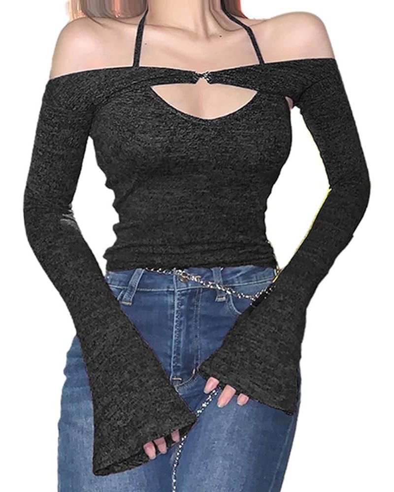 Off The Shoulder Tops for Women Sexy Long Sleeve Striped Shirt Goth Aesthetic Slim Fit Halter Neck Crop Top Black $8.11 Tanks