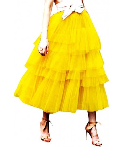 Women's Elastic Waist Tiered Layered Mesh Tulle Tutu A-line Midi Skirt Bright Yellow $20.24 Skirts