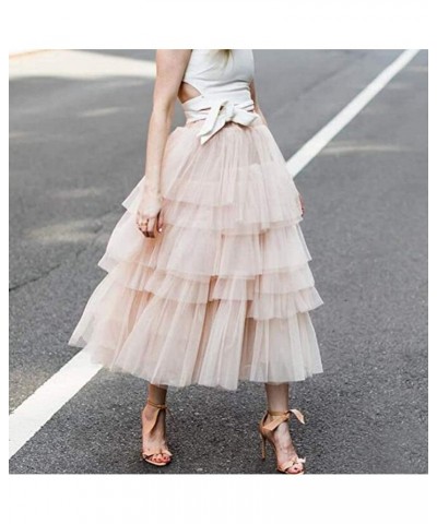 Women's Elastic Waist Tiered Layered Mesh Tulle Tutu A-line Midi Skirt Bright Yellow $20.24 Skirts