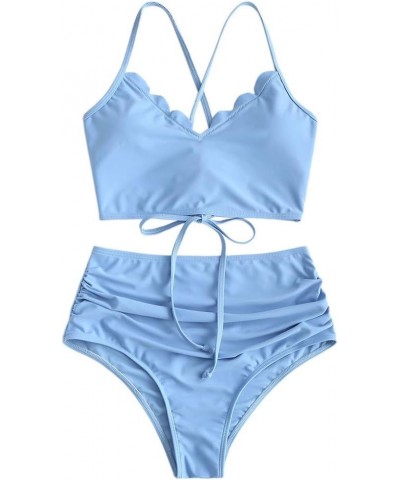 Women's Crisscross Ruched High Waisted Bottom Bikini Set Two Piece Swimsuit Tankini Light Blue $19.94 Swimsuits