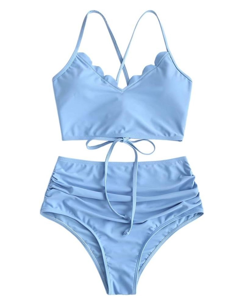 Women's Crisscross Ruched High Waisted Bottom Bikini Set Two Piece Swimsuit Tankini Light Blue $19.94 Swimsuits