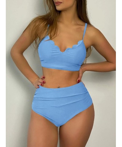 Women's Crisscross Ruched High Waisted Bottom Bikini Set Two Piece Swimsuit Tankini Light Blue $19.94 Swimsuits