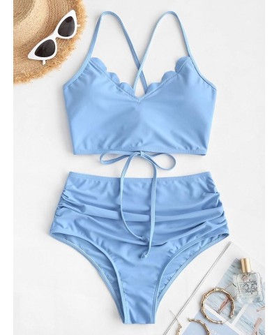 Women's Crisscross Ruched High Waisted Bottom Bikini Set Two Piece Swimsuit Tankini Light Blue $19.94 Swimsuits