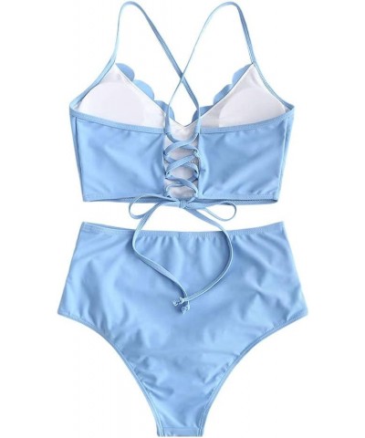 Women's Crisscross Ruched High Waisted Bottom Bikini Set Two Piece Swimsuit Tankini Light Blue $19.94 Swimsuits