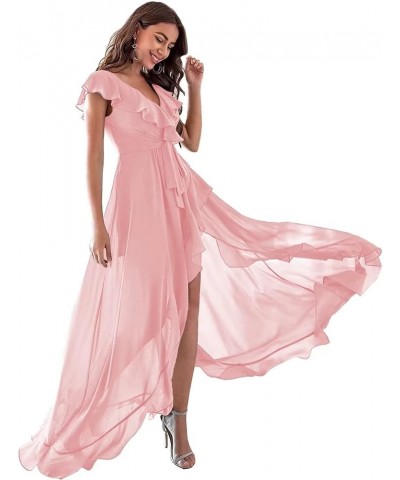 High Low Bohemian Bridesmaid Dresses 2023 Long Ruffles Sleeves Chiffon V Neck Slit Belt Formal Prom Gown for Women Yxxy529 Ca...