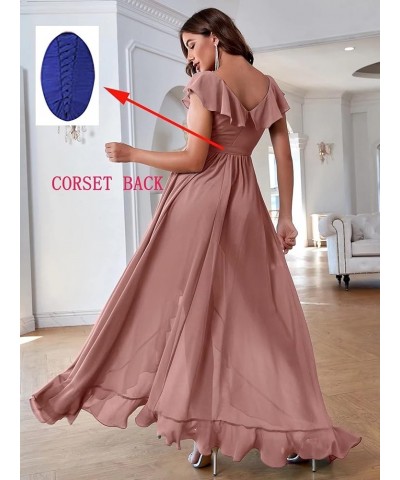 High Low Bohemian Bridesmaid Dresses 2023 Long Ruffles Sleeves Chiffon V Neck Slit Belt Formal Prom Gown for Women Yxxy529 Ca...