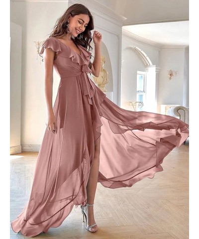 High Low Bohemian Bridesmaid Dresses 2023 Long Ruffles Sleeves Chiffon V Neck Slit Belt Formal Prom Gown for Women Yxxy529 Ca...