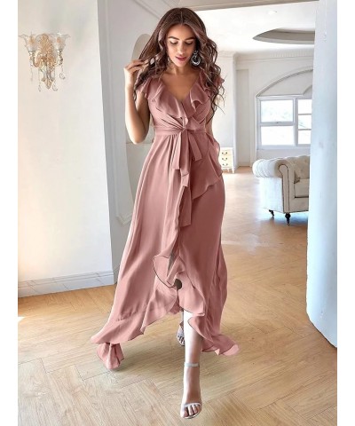 High Low Bohemian Bridesmaid Dresses 2023 Long Ruffles Sleeves Chiffon V Neck Slit Belt Formal Prom Gown for Women Yxxy529 Ca...