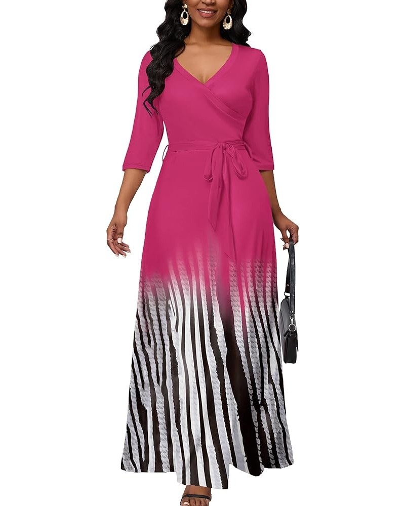 Maxi Dress for Women Gradient Casual Long Sundress V Neck 3/4 Sleeves with Belt 1-rose Red Black Stripe $27.59 Dresses