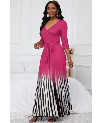 Maxi Dress for Women Gradient Casual Long Sundress V Neck 3/4 Sleeves with Belt 1-rose Red Black Stripe $27.59 Dresses