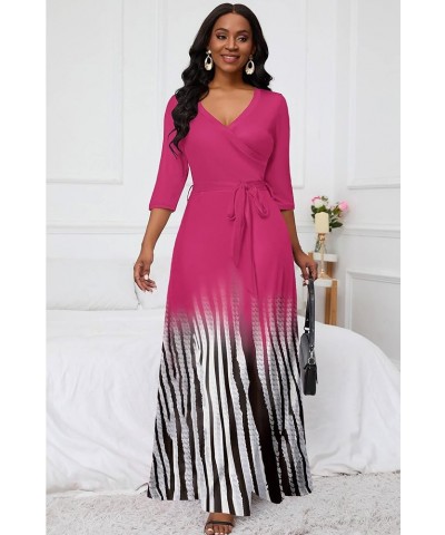 Maxi Dress for Women Gradient Casual Long Sundress V Neck 3/4 Sleeves with Belt 1-rose Red Black Stripe $27.59 Dresses