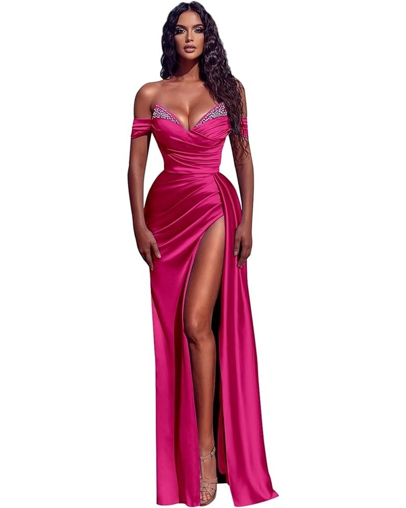 Off The Shoulder Prom Dresses for Women with Slit Diamond Mermaid Formal Evening Gown Hot Pink $29.90 Dresses