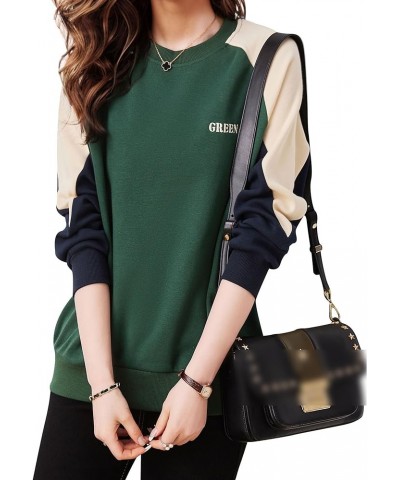 Women's Casual Patchwork Shirt Long Sleeve Pullover Round Neck Blouse Tops 24941 Green $19.37 Tops