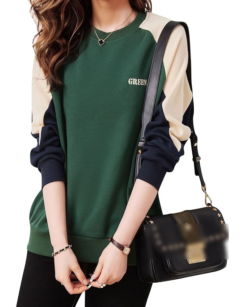 Women's Casual Patchwork Shirt Long Sleeve Pullover Round Neck Blouse Tops 24941 Green $19.37 Tops