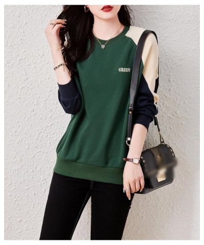 Women's Casual Patchwork Shirt Long Sleeve Pullover Round Neck Blouse Tops 24941 Green $19.37 Tops