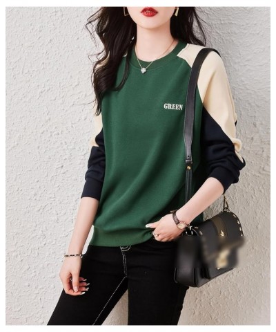 Women's Casual Patchwork Shirt Long Sleeve Pullover Round Neck Blouse Tops 24941 Green $19.37 Tops