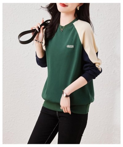 Women's Casual Patchwork Shirt Long Sleeve Pullover Round Neck Blouse Tops 24941 Green $19.37 Tops