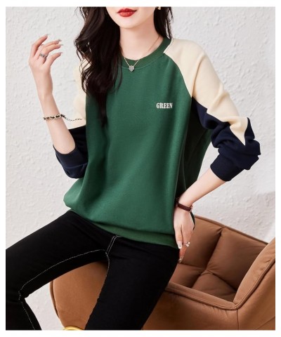 Women's Casual Patchwork Shirt Long Sleeve Pullover Round Neck Blouse Tops 24941 Green $19.37 Tops