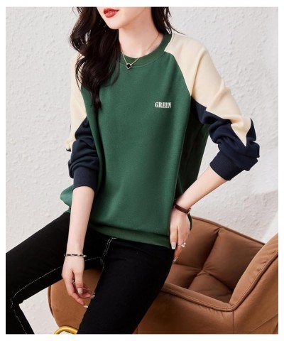 Women's Casual Patchwork Shirt Long Sleeve Pullover Round Neck Blouse Tops 24941 Green $19.37 Tops