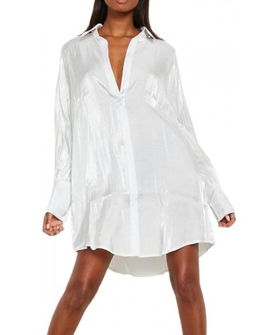 Shirt Dresses for Women Glossy Lantern Long Sleeve Sexy Button Down Mini Shirt Dress Casual Tunic Blouses White $22.60 Blouses