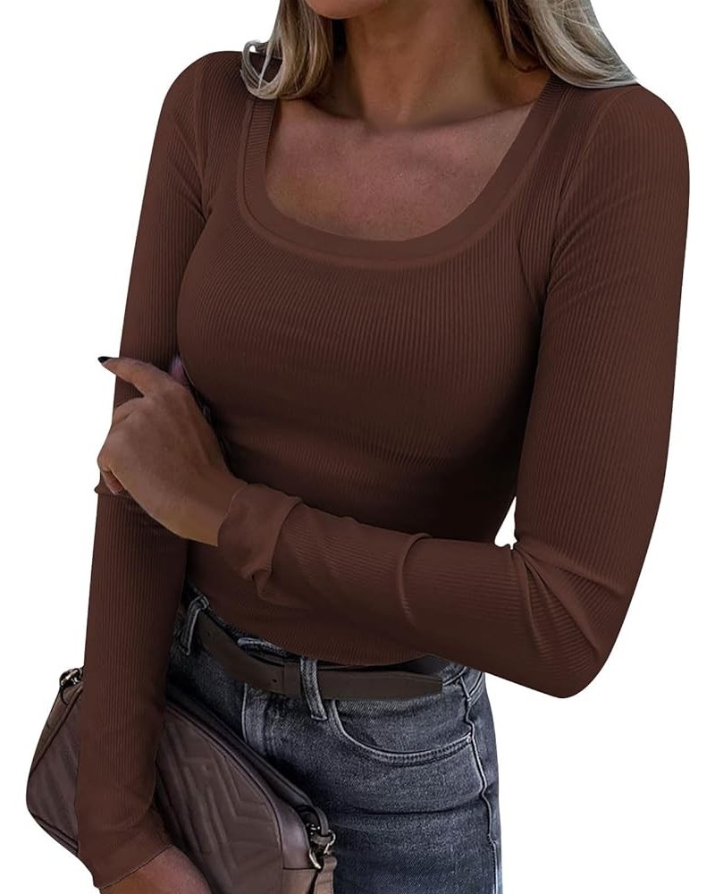 Long Sleeve Womens Casual Tops Ribbed Knit Shirts Scoop Neck Blouses for Work Solid Color Sweatshirts Slim Tops X31-coffee $1...