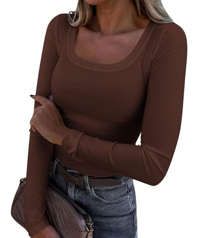 Long Sleeve Womens Casual Tops Ribbed Knit Shirts Scoop Neck Blouses for Work Solid Color Sweatshirts Slim Tops X31-coffee $1...