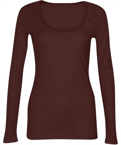 Long Sleeve Womens Casual Tops Ribbed Knit Shirts Scoop Neck Blouses for Work Solid Color Sweatshirts Slim Tops X31-coffee $1...