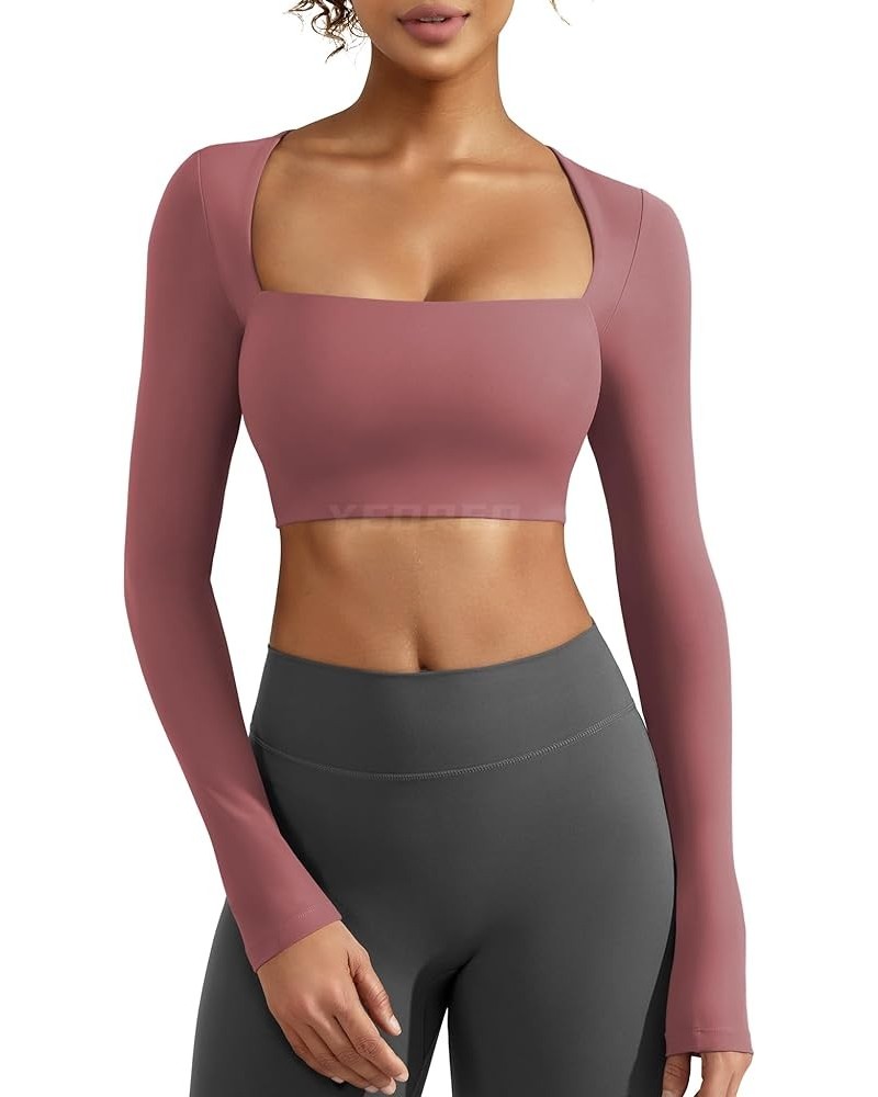 Women's Long Sleeve Crop Top Lane Square Neck Crop Top Basic Slim Fit T Shirt 1 Red Bean Paste $15.80 Activewear