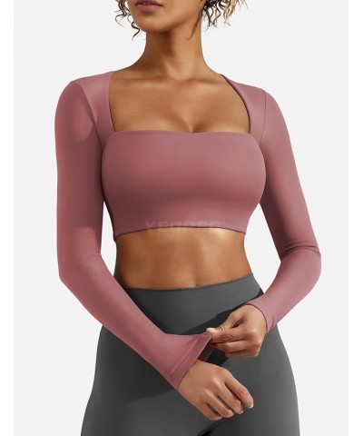 Women's Long Sleeve Crop Top Lane Square Neck Crop Top Basic Slim Fit T Shirt 1 Red Bean Paste $15.80 Activewear