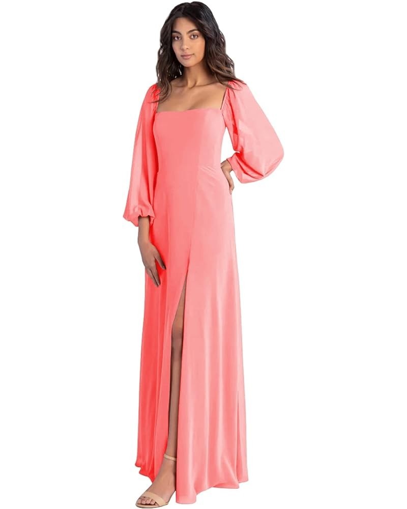 Women's Puffy Long Sleeve Bridesmaid Dresses with Slit A Line Square Neck Formal Prom Evening Gown Coral $49.94 Dresses