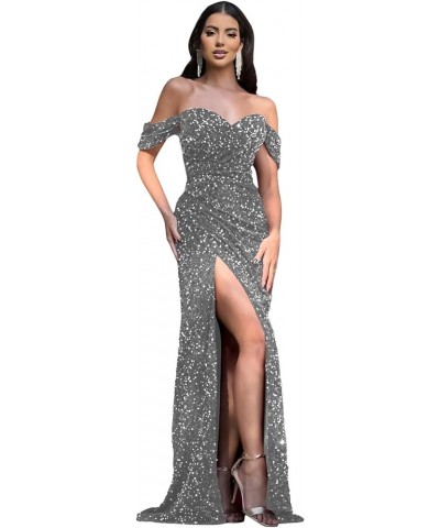 Mermaid Prom Dresses Long Ball Gown for Women Sparkly Sequins Wrapped Slit Off The Shoulder Formal Gowns Grey $27.95 Dresses