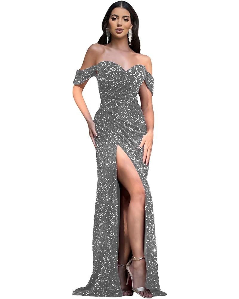 Mermaid Prom Dresses Long Ball Gown for Women Sparkly Sequins Wrapped Slit Off The Shoulder Formal Gowns Grey $27.95 Dresses