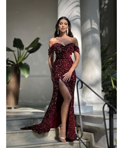 Mermaid Prom Dresses Long Ball Gown for Women Sparkly Sequins Wrapped Slit Off The Shoulder Formal Gowns Grey $27.95 Dresses