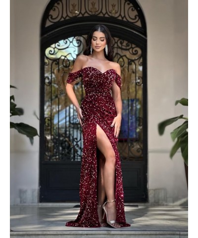 Mermaid Prom Dresses Long Ball Gown for Women Sparkly Sequins Wrapped Slit Off The Shoulder Formal Gowns Grey $27.95 Dresses