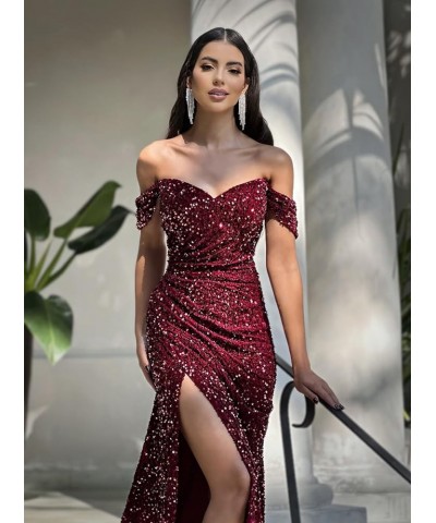 Mermaid Prom Dresses Long Ball Gown for Women Sparkly Sequins Wrapped Slit Off The Shoulder Formal Gowns Grey $27.95 Dresses