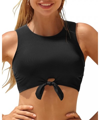 Women High Neck Bikini Top Swim Crop Top Tie Knot Front Lace Swimsuit Top Only Black-3 $12.30 Swimsuits