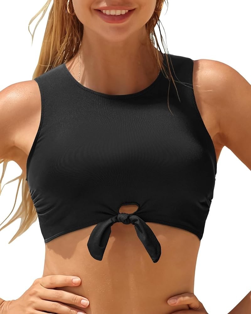 Women High Neck Bikini Top Swim Crop Top Tie Knot Front Lace Swimsuit Top Only Black-3 $12.30 Swimsuits