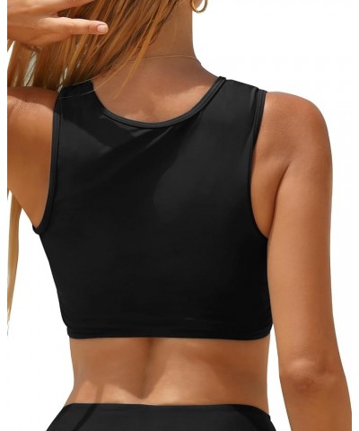 Women High Neck Bikini Top Swim Crop Top Tie Knot Front Lace Swimsuit Top Only Black-3 $12.30 Swimsuits